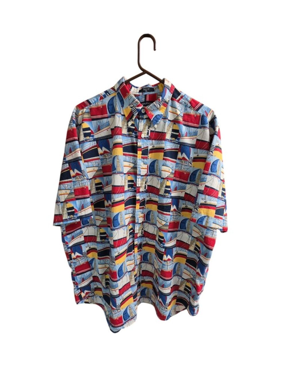 Nautica Vintage 90s Sailboat AOP Grid Mesh Button Up Shirt XL - Picture 9 of 13